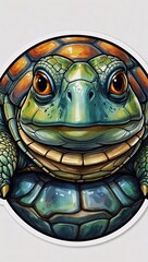 Smiling turtle depicted in a watercolor-style cartoon sticker with a transparent background.