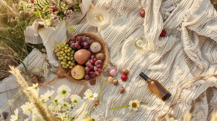 A romantic picnic blanket in a middle eastern farm field landscape