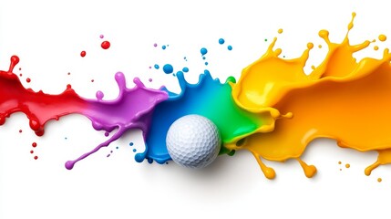 Wall Mural - A white golf ball sits in the middle of a rainbow-colored paint splash. The paint is splattered in a dynamic and abstract way, symbolizing the energy and excitement of the game. The colors are vibrant