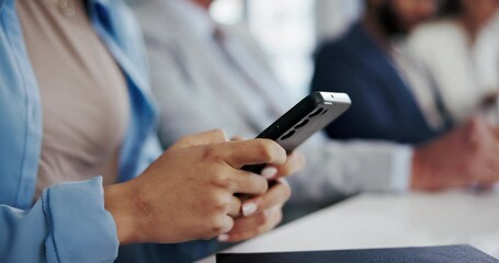 Poster - Hands, texting and meeting in office, cellphone and networking for research, journalism and social media. Boardroom, row and communication for article, planning and typing of info and email of person