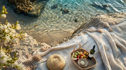 A romantic picnic blanket with fruits basket  in a middle of a sea landscape