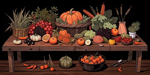 Abundant array of autumn fruits and vegetables in a colorful display on a rustic wooden table