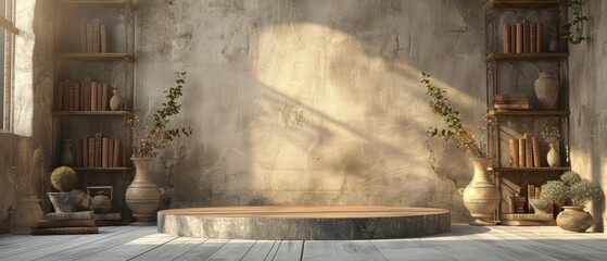 Wall Mural - Minimalist interior with wooden podium, elegant bookshelves, and soft lighting creating a serene atmosphere.
