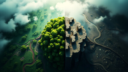 top view a contrast of two worlds: one side depicting a lush, green environment and the other a barr