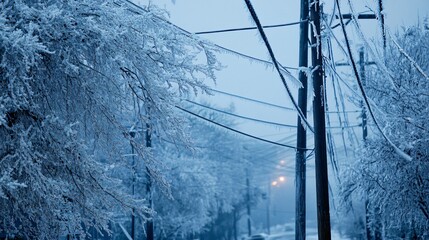 Ice storm covering trees and power lines with a layer of ice, freezing weather, dangerous beauty