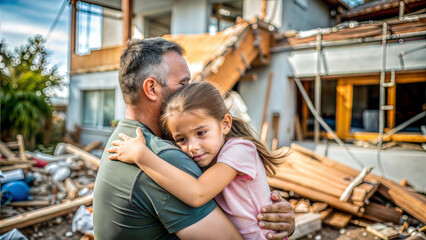 Father and daughter hugging each other in front of a damaged house.