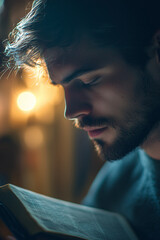 young man reading holy scripture portrait close up Generative AI