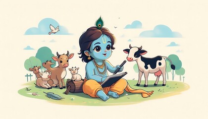 Poster - Lord Krishna with playing with little cows