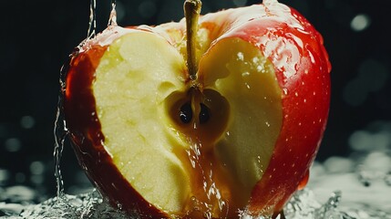 Juicy apple being bitten into, close-up of the teeth sinking in, juice running down the side, crisp and refreshing.