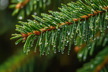 Close up of a pine branch with dew drops on its vibrant green needles