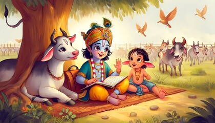 Poster - Lord Krishna with playing with little cows