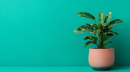 Vibrant and modern interior design featuring a green tropical houseplant with large leaves in a pink pot against a turquoise wall with copy space