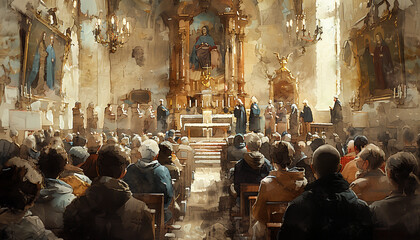 A church full of people praying at mass, a watercolor brown tones religious painting