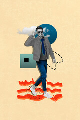 Sticker - Collage sketch picture of cheerful guy walking stylish clothes hold sunglass isolated on painted background