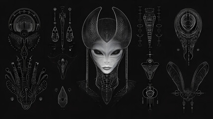 Complex line of alien hieroglyphs symbols isolated on black background, digital illustration art work. Alien. Illustration