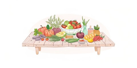 Variety of vibrant fruits and vegetables displayed on a weathered wooden table, highlighting the plentiful yield of the harvest