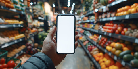 Hand holding smartphone with white screen against background of store with vegetables and fruits