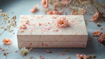 Poster - Floral Box with Delicate Pink Petals on Soft Blue Background