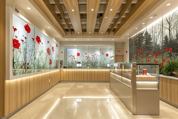 Wall Mural - A large room with a lot of wood and a lot of red flowers