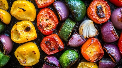 Juicy roasted vegetables in a balsamic glaze, vibrant colors, healthy and flavorful side dish.