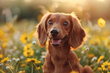 Wall Mural - Adorable dachshund puppy sitting among yellow wildflowers in a sunlit field during springtime. Free copy space for text.