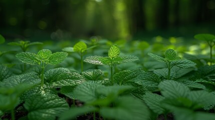 Wall Mural - fresh mint plants thriving in a sunlit forest setting during late afternoon hours of early summer