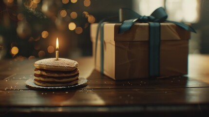 Canvas Print - A stack of pancakes with a single lit candle on top next to a box tied with ribbon, placed on a wooden table.