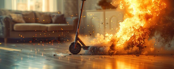 An electric scooter dramatically bursts into flames inside a modern living room, causing chaos.