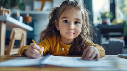 A young girl with long brown hair sits at a table with a pencil in front of an open notebook and looks at the camera. The surrounding room is filled with natural light, creating a warm and cozy atmosp