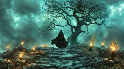 Poster - A girl in a cloak walks along a stone path with burning torches, towards a mysterious lonely tree, rear view.