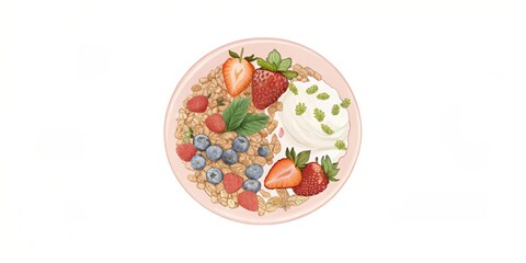 Oatmeal with yogurt, almonds, strawberries, blueberries, and mint in a pink bowl on a white background