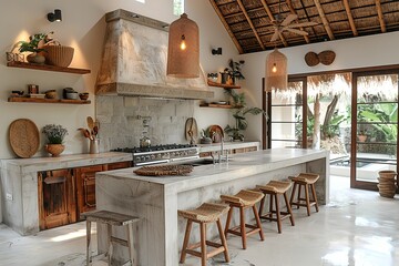 A kitchen with a white counter and wooden stools