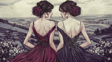 Two women in love with dark hair in purple and red dresses look at each other with serious expressions.