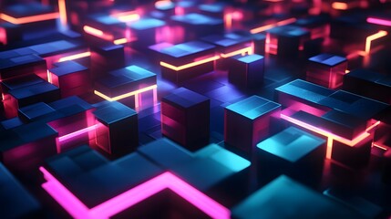 A dark background with colorful, glowing lines forming the outline of rectangular blocks, creating an abstract and futuristic design