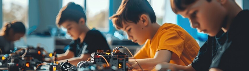 Focused children building robots during a STEM class, highlighting dedication and creativity in modern education technology.