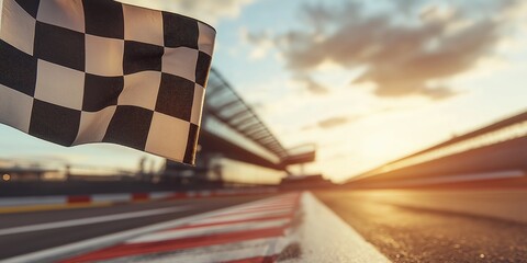 a checkered flag is being waved from a gantry above the track, with a racing track in the background