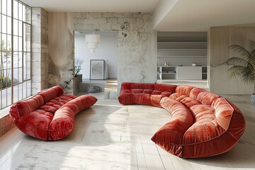 A living room with two red couches and a potted plant