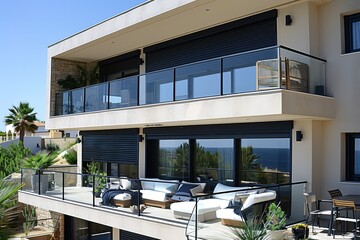 A large house with a balcony overlooking the ocean