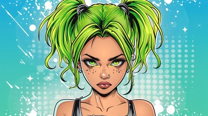 Poster - A cute girl with green hair and green eyes, wearing a black T-shirt.