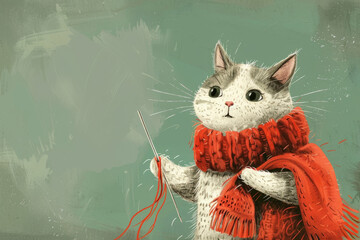 Wall Mural - Cat wearing a red scarf knitting with red yarn on green background. Copy space for text