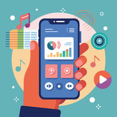 Hand Holding Smartphone with Music App Interface - Flat Vector Illustration