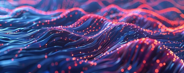 Wall Mural - Abstract digital landscape with wavy lines and glowing dots, representing data flow and futuristic technology, vibrant and dynamic visualization.