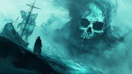 Wall Mural - Ghost pirate, rising from the depths, cursed ocean, eerie glow, Watercolor style