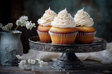 Wall Mural - vanilla cupcakes with whipped frosting on antique stand