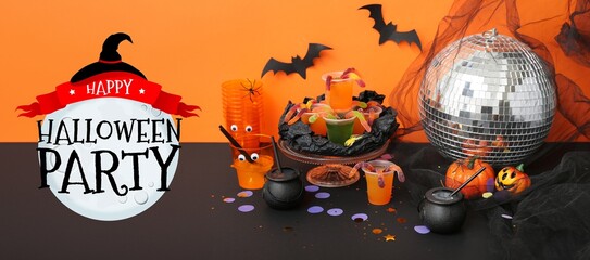 Wall Mural - Festive banner for Happy Halloween with thematic drinks and disco ball