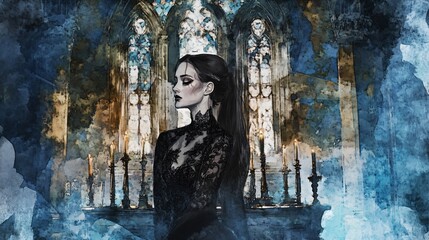 gothic wedding, bride in black lace, candlelit altar, watercolor style