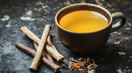 Poster - A cup of licorice root tea, with licorice sticks and a sprinkle of cinnamon on a dark, textured background