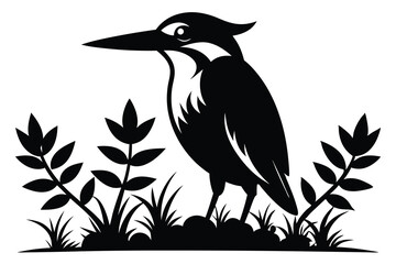 black kingfisher silhouette  on plant white background B.eps