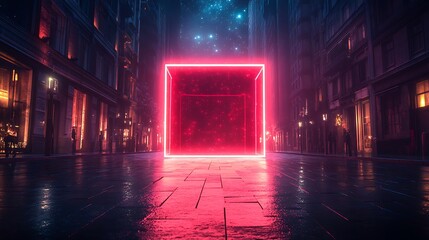 Wall Mural - A glowing, red neon cube portal in a city street at night.