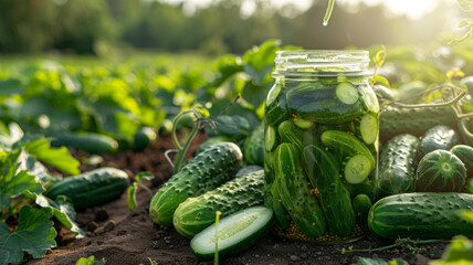 Wall Mural - Fresh cucumbers and a jar of pickles in a green garden.